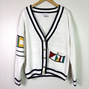 Vintage Nautical Flag Cardigan Women’s S White Knit V-Neck Gold Buttons Coastal